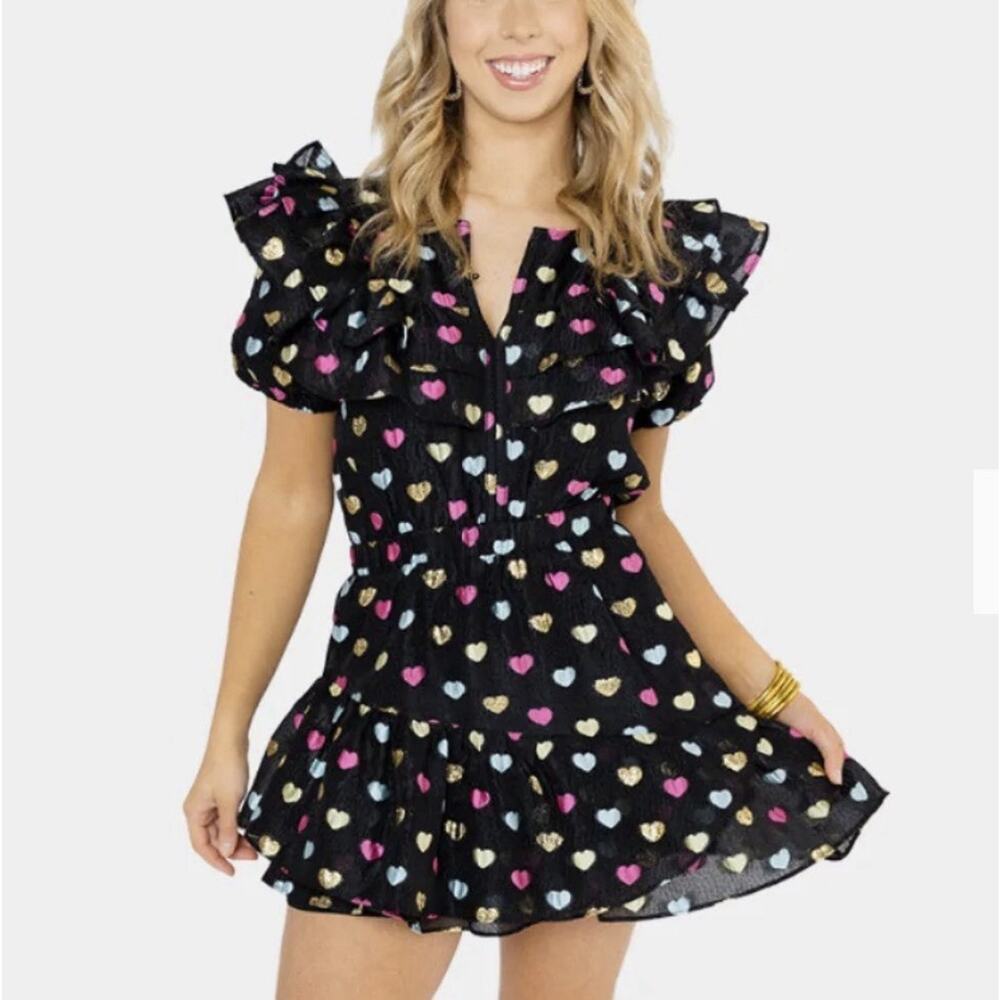 Buddy Love Norma Dress Size L Black Novelty Heart Print Ruffle Gold Pink NEW NWT